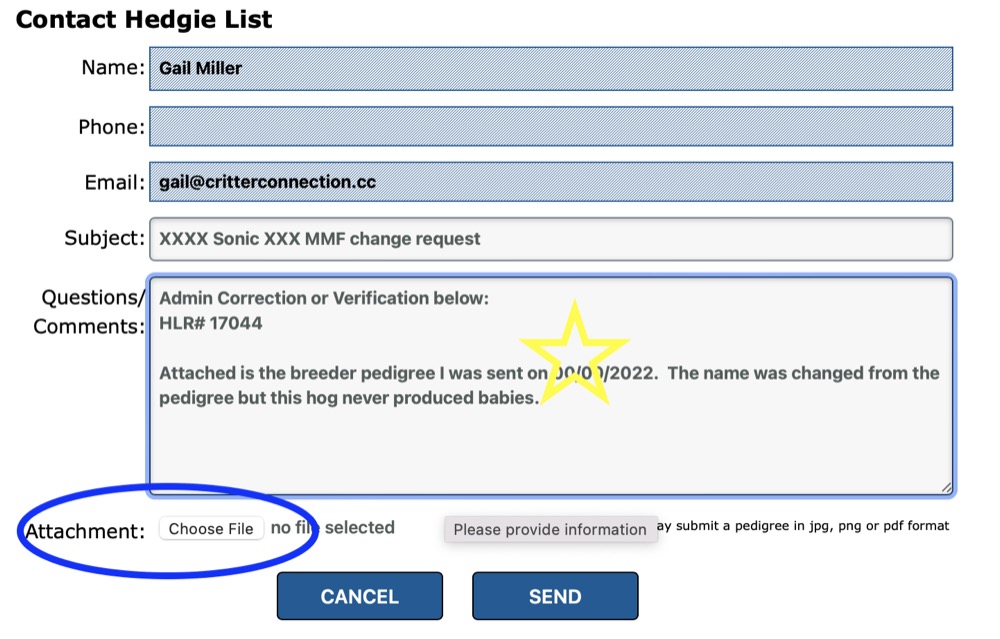 Contact Hedgie List and attach file